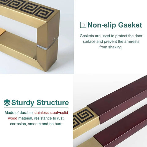 Beefy Modern Entry Door Handle Pull Set Heavy Duty Door Handles With Natural And Gold Finish 59 Inch Long Stainless Steel And Wood Pulls Easy DIY Assembly With All Hardware Included Durable Front Door Accessory showing non-slip gasket and sturdy structure.