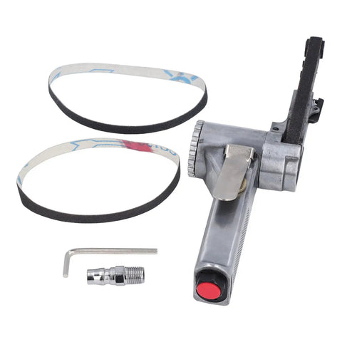 Rock Solid Quarter Inch Pneumatic Belt Sander Hella Durable Stainless Steel Handheld Angle Grinder with sanding belts and accessories.