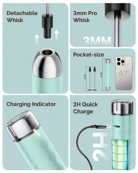 Rechargeable Milk Frother Handheld Wand With Stepless Speed Control and 3 Whisks showing detachable whisk, charging indicator, and size comparison