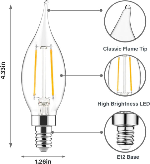 Diagram of Dimmable Candelabra LED Bulbs 60W Equivalent, 2700K Soft White Flame Tip CA10 showing dimensions and E12 base.