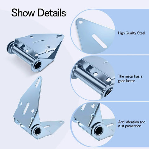 2 Pack Heavy Duty Hinges For Garage Doors 14G Galvanized Steel showing close-up details of rust-resistant finish and anti-abrasion.