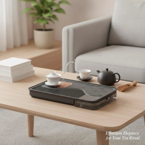 Zero Drip Drama Gongfu Tea Station Serving Tray With Imitation Ebony Stone Finish And Smart Catch Basin Design Keeping Your Living Room Setup Totally Stress Free All Day on a wooden table with tea items.