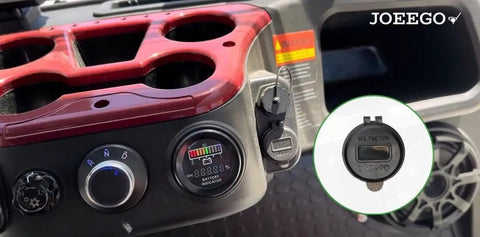 Slick 12V Usb And Type C Charging Port Plug And Play Upgrade For Ev Golf Carts mounted on dashboard showing battery indicator.