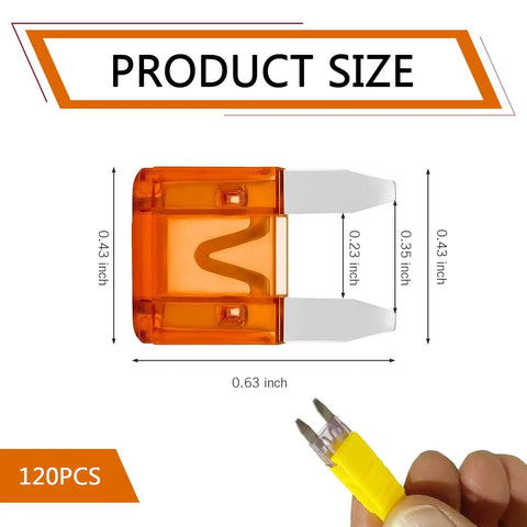 Hella Reliable 120 Piece Mini Blade Automotive Fuse Assortment Kit With Bright Color Coding And Ultra Heavy Duty Connector Clips For Cars Trucks Vans And Suvs size and dimensions of an orange mini fuse