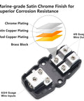 Powerful 2 Way Mini ANL Fused Distribution Block With 60A 80A 100A Fuses, Beefy Forged Brass Construction, In 0/2/4 Gauge And Out 4/8 Gauge, Marine Grade Satin Chrome Finish, High Temp Polycarbonate Housing, Built For Maximum Power Transfer, 2-way fuse block shown