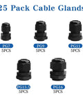 Heavy Duty Waterproof Cable Glands 25 Pack IP68 Entry For 3 To 6.5mm Nylon Plastic Connectors With Durable Box, Tight Seal, Outdoor Ready