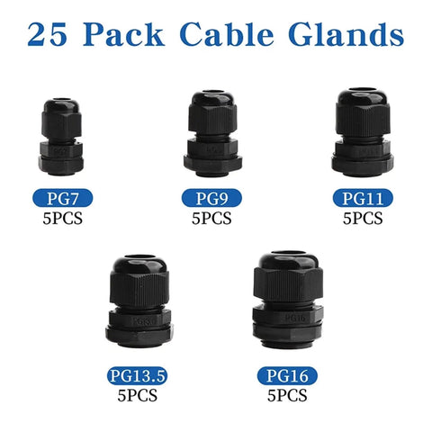 Heavy Duty Waterproof Cable Glands 25 Pack IP68 Entry For 3 To 6.5mm Nylon Plastic Connectors With Durable Box, Tight Seal, Outdoor Ready