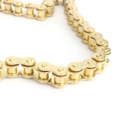 Heavy Duty 48 Link 420 Drive Chain For Off Road Motorcycles in close-up, showing rugged metal build and high tensile strength for rough terrain