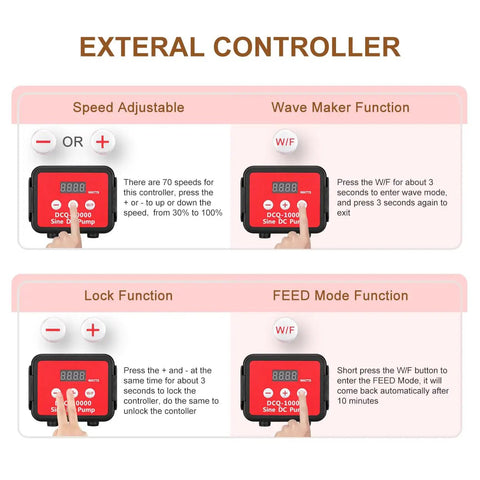 LCD controller for 2640 GPH 80W Aquarium DC Return Pump with speed and wave functions, showing adjustment and lock features.