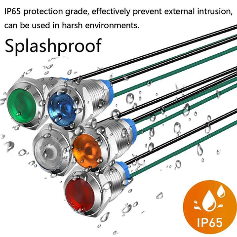 Five Pack 10mm Waterproof LED Indicator Lights Set For 3V To 9V DC With Wires 20mA 0.5W Metal Indicator Lamps In Red Orange Blue Green White For DIY Projects And Gearhead Automotive Electronics, IP65 splashproof