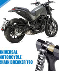 Beefy Heavy Duty Chain Breaker Tool For Motorcycles And Bikes next to a parked motorcycle, highlighting chain removal function.