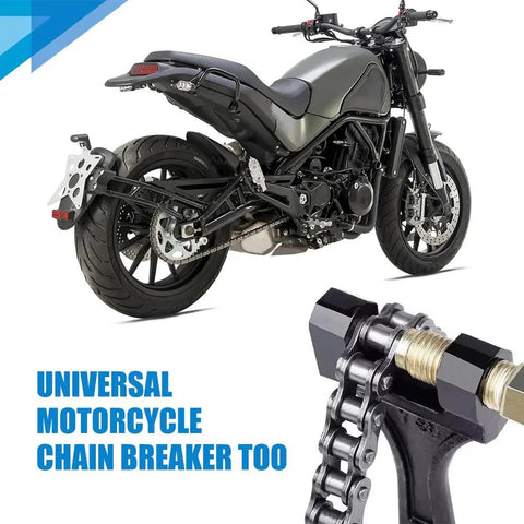 Beefy Heavy Duty Chain Breaker Tool For Motorcycles And Bikes next to a parked motorcycle, highlighting chain removal function.
