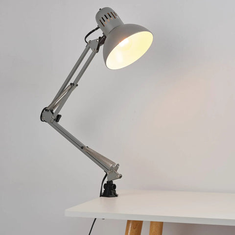 Black Accent Desk Lamp With Clamp Arm And Interchangeable Base, Architect Style Task Light, Sturdy Metal, Shown On Desk Edge