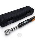 Three Eighth Inch Digital Torque Wrench With Buzzer And LED, Pro Grade Adjustable Torque Tool For Bikes And Cars, Calibrated Range 2.2 To 44.3 Foot Pounds, 3 To 60 Nm, High Precision Handy Storage Case Included beside its black storage case