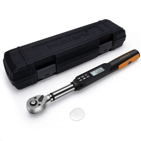 Three Eighth Inch Digital Torque Wrench With Buzzer And LED, Pro Grade Adjustable Torque Tool For Bikes And Cars, Calibrated Range 2.2 To 44.3 Foot Pounds, 3 To 60 Nm, High Precision Handy Storage Case Included beside its black storage case