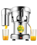 Get The Good Stuff With This 110V Commercial Electric Juice Extractor, stainless steel juicer pouring juice.