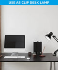 Metal Desk Lamp With Clamp And Swing Arm on home office desk next to monitor, showcasing clamp functionality, black finish.
