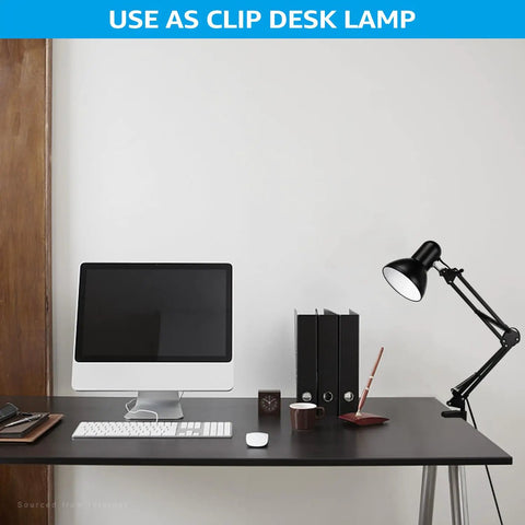 Metal Desk Lamp With Clamp And Swing Arm on home office desk next to monitor, showcasing clamp functionality, black finish.