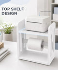 Premium Solid Wood Label Holder In Clean White, No Sweat Setup Printer Stand And Sticker Dispenser For Thermal Rolls And 4X6 Shipping Labels on desk.