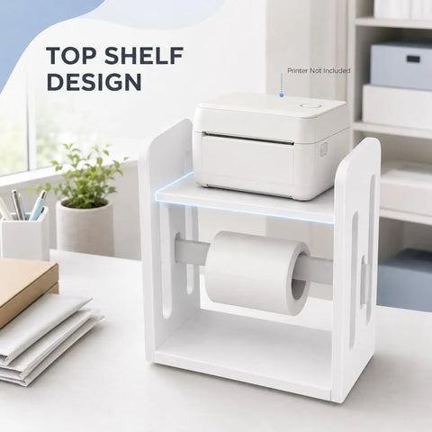 Premium Solid Wood Label Holder In Clean White, No Sweat Setup Printer Stand And Sticker Dispenser For Thermal Rolls And 4X6 Shipping Labels on desk.