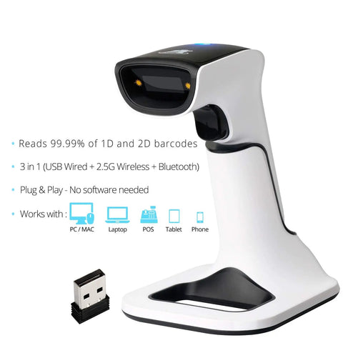 Wireless Portable 1D And 2D Barcode Scanner With Stand Bluetooth USB No Software Needed Rechargeable Battery Handheld Inventory Scanner For POS QR Reader 1D 2D Codes, shown with a USB adapter and stand.