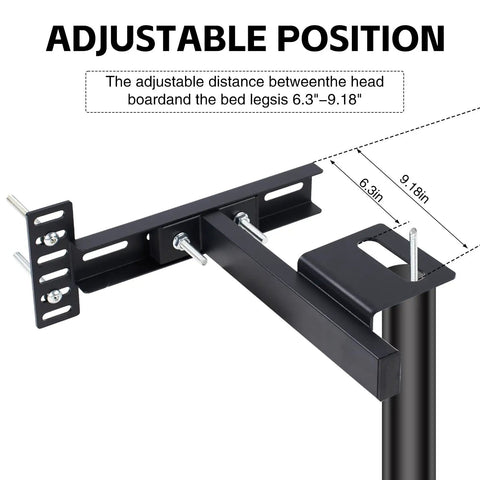 Heavy Duty Adjustable Headboard Brackets For Bed Frame With Complete Hardware Set Black Metal extension connector showing 6.3 to 9.18 inch adjustable position.