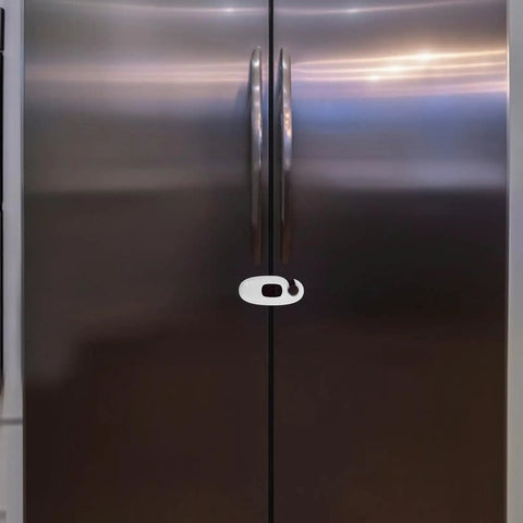 Kid Proof Cabinet And Fridge Locks With Double Button Design on stainless steel fridge, brown ABS material, 5 pack