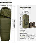 3-Season Mummy Sleeping Bag For Camping, Hiking, And Backpacking With Water-Repellent Shell displayed in packed and unfolded sizes