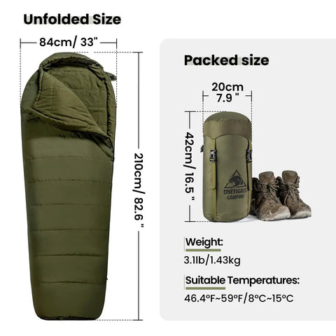 3-Season Mummy Sleeping Bag For Camping, Hiking, And Backpacking With Water-Repellent Shell displayed in packed and unfolded sizes