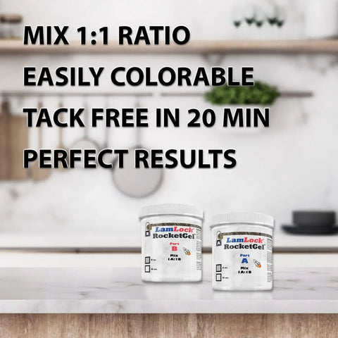 RocketGel 25 Minute Pro Epoxy Countertop Repair Kit For Granite, Tile And Quartz jars on a kitchen countertop