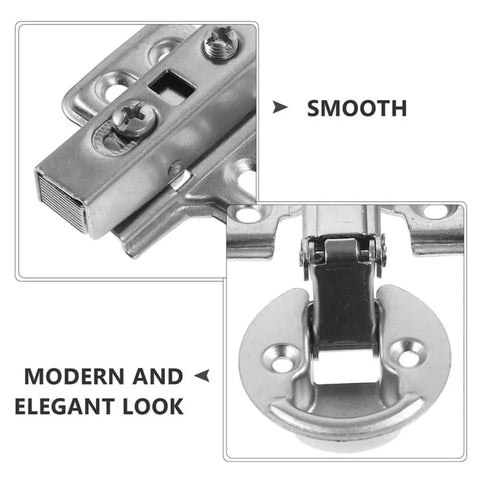Close-up view of stainless steel cabinet door damper hinges with hydraulic damping no-slam soft close for kitchen cabinets.