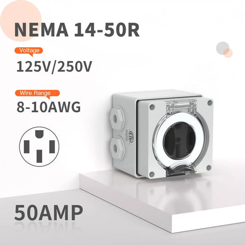 50 Amp NEMA 14-50R Outdoor Receptacle Box Weatherproof Power Outlet 125/250V ETL Listed 3-Pole 4-Wire Grounded