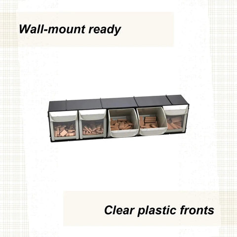 Shop Floor Ready Tilt Out Storage Bins For Your Workshop Setup, Heavy Duty Plastic Tray with clear fronts for easy viewing.