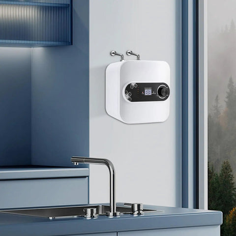 No-Fuss Compact Under Sink Electric Water Heater 2.1 Gallon Tank 110V 1500W mounted in modern kitchen beside sink.