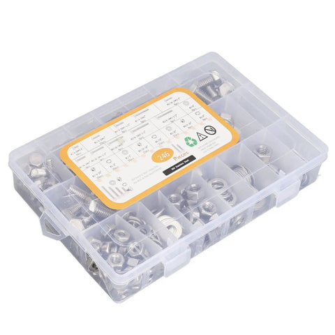 246 Piece Stainless Steel Hex Bolts Nuts And Washers Assortment Kit In Durable Storage Box For Household Appliances, Furniture, Doors, Garages, Outdoor Structures, And Automotive Maintenance. clear storage box with stainless hardware