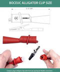 Diagram and hands holding Insulated Alligator Clips For Multimeter With 2mm Probe Tips And Flexible Boots, Nickel Plated Safety Clips.