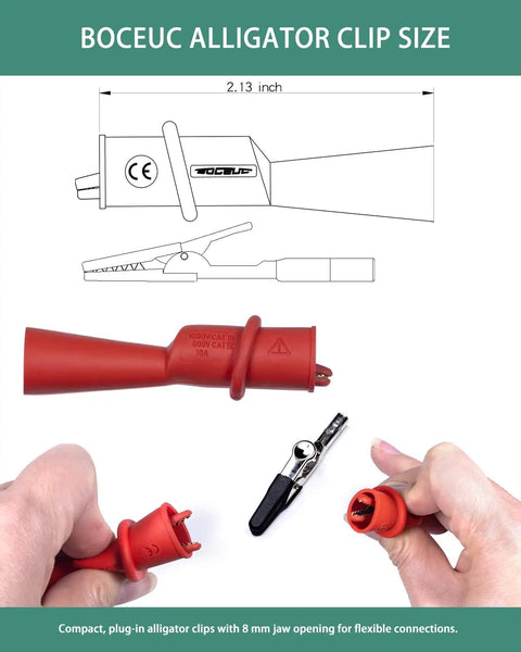 Diagram and hands holding Insulated Alligator Clips For Multimeter With 2mm Probe Tips And Flexible Boots, Nickel Plated Safety Clips.