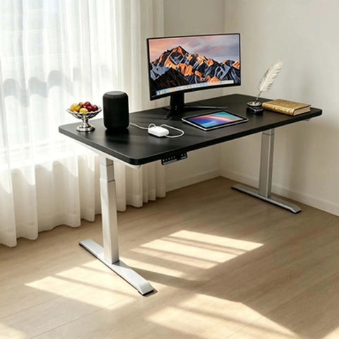 Electric Adjustable Standing Desk With Dual Motor Synchronized Lift For Home Office Computer Setup oversized black surface with modern accessories.