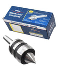 MT2 medium-duty live center for lathes; steel body with knurled black rings, shown with blue packaging box.