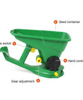 Effortless Hand Crank Seed Spreader 1.5L For Garden And Lawn with labeled parts: seed container, valve switch, hand control, gear adjustment.