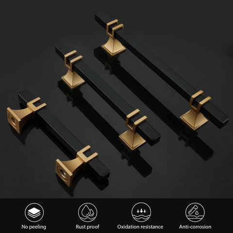 10 Pack 5 Inch Center Hole Black And Gold Cabinet Pulls with durable zinc alloy base and stainless steel handles