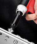 Close-up of Heavy Duty Air Rivet Gun Kit For Auto Construction And Metalwork with 20mm stroke and 2800 kg force riveting a metal surface.