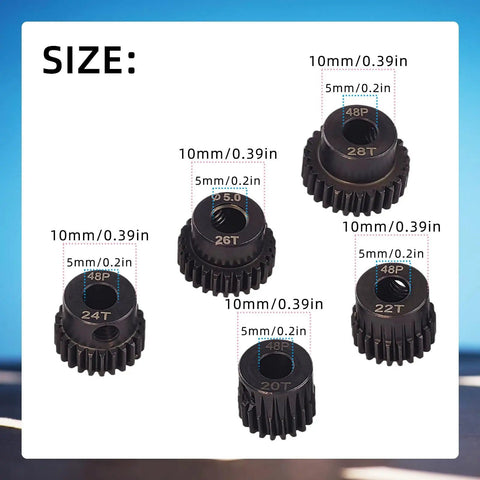 Power Packed 48DP Pinion Gear Set For 1 To 10 RC Cars Five Hardened Steel Gears 20T 22T 24T 26T 28T With 5mm Holes And M4 Screws