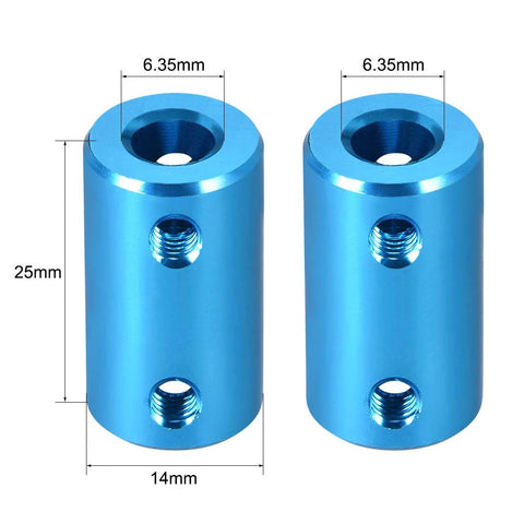 Two blue aluminum rigid shaft couplings with 1/4 in bore and set screws; 14mm diameter, 25mm long