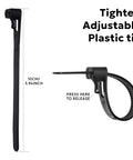 Black adjustable plastic tie with 10cm length and release mechanism visible.