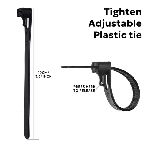 Black adjustable plastic tie with 10cm length and release mechanism visible.