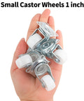 Person holding 1 Inch Swivel Caster Wheels With Rubber Base For Furniture Trolleys And Projects, metal base, white wheels