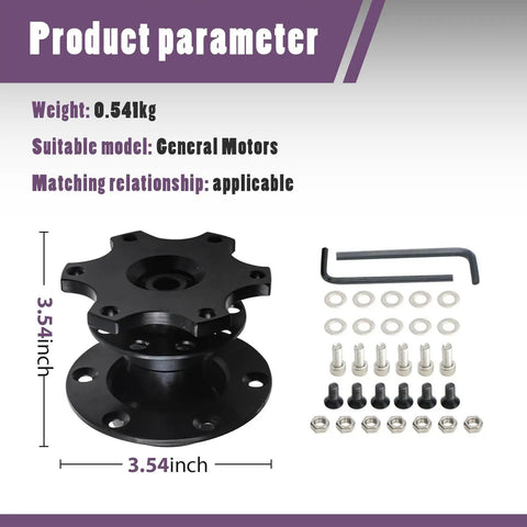 Pro Built 6 Hole Quick Release Steering Wheel Hub Adapter With Snap Off Boss Plate And Anti Theft Heightening Plate For Track Rides And Custom Street Mods In Satin Black, showing dimensions and fittings.