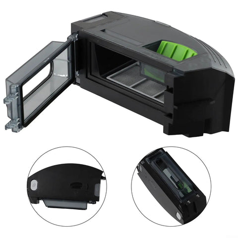 Premium ZUZZEE Replacement Vacuum Dirt Bin Compatible With Roomba I1 I3 I4 I5 I6 I7 I8 Plus close-up showing open dust cup and filter.