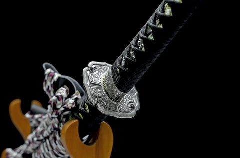 Close-up of the hilt of 41 Inch Black Authentic Tachi Style Curved Handmade Japanese Samurai Katana Sword With T10 Carbon Steel Full Tang